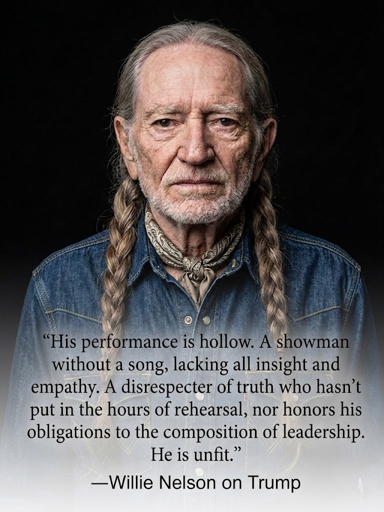 Willie Nelson “Look, that man’s walkin’ around like he’s got all the answers—but what I’m hearing sounds like a whole lot of noise without much truth behind it. You can dress it up, you can amplify it, you can put it center stage… but sooner or later, people figure out what’s real and what’s just performance.